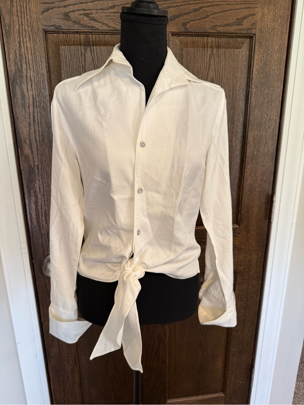 Farinaz Taghavi White Tie-Front Button-Down Shirt French Cuffs Size 8